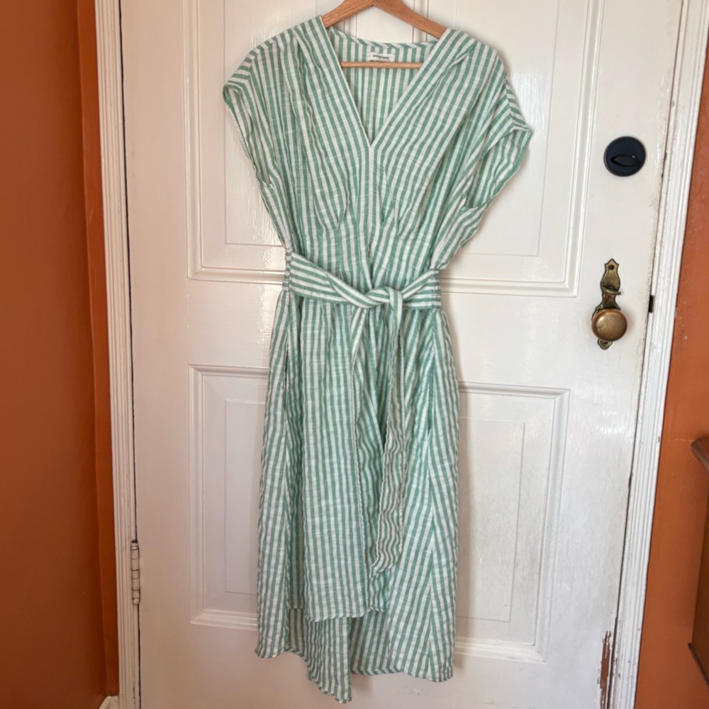 Max Studio green white stripe gingham dress with pockets
